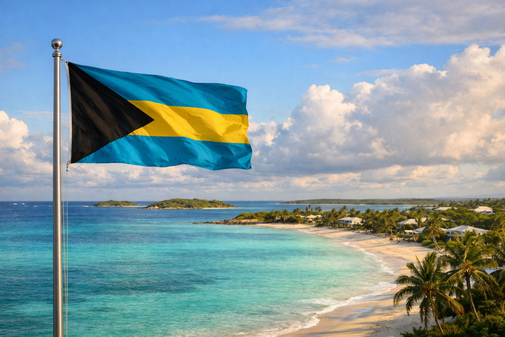 Nationalflagge der Bahamas mit schwarzem Dreieck und aquamarin‑gelben Streifen, links am Fahnenmast wehend, vor tropischer Küstenlandschaft mit türkisfarbenem Meer, weißem Sandstrand, Palmen, vorgelagerten Inseln und blauem Himmel mit Wolken im 16:9‑Format