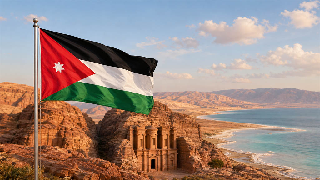 Flagge Jordaniens vor der Wüste Wadi Rum, der Felsenstadt Petra mit Al-Khazneh und dem Toten Meer in warmer Abendstimmung.