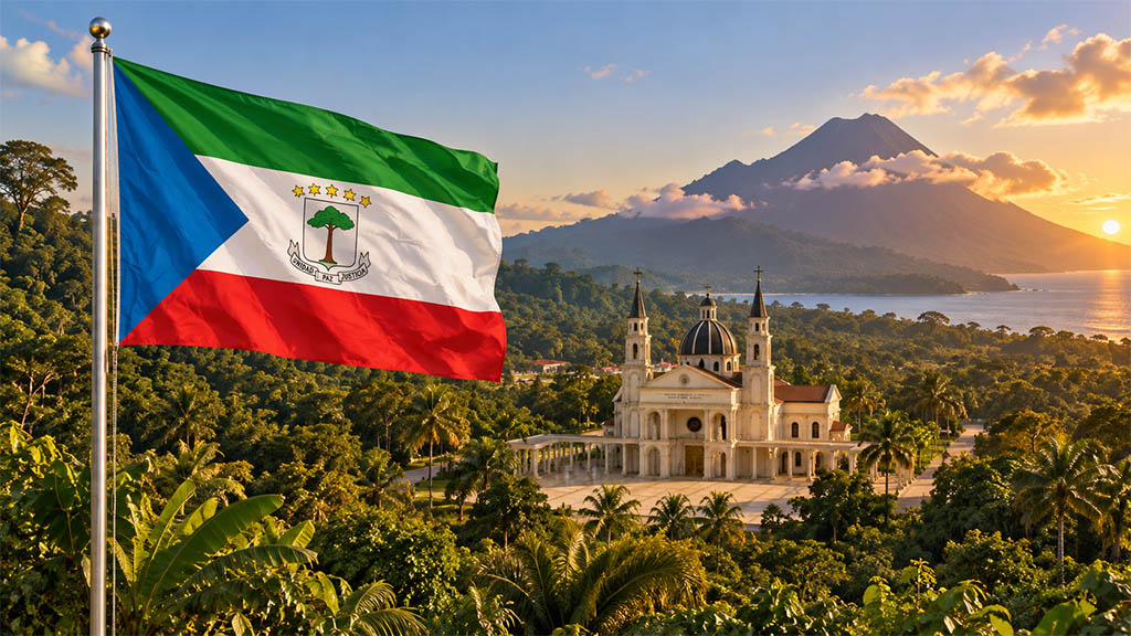 Flagge von Äquatorialguinea im Vordergrund vor tropischem Regenwald, der Basilika von Mongomo und der vulkanischen Landschaft der Insel Bioko bei warmem Golden-Hour-Licht.