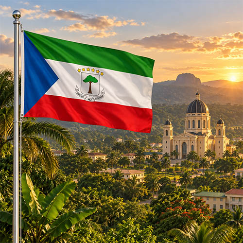 Nationalflagge von Äquatorialguinea mit grünem, weißem und rotem Streifen, blauem Dreieck und Staatswappen vor der Basilika von Mongomo und tropischer Landschaft im warmen Golden-Hour-Licht.