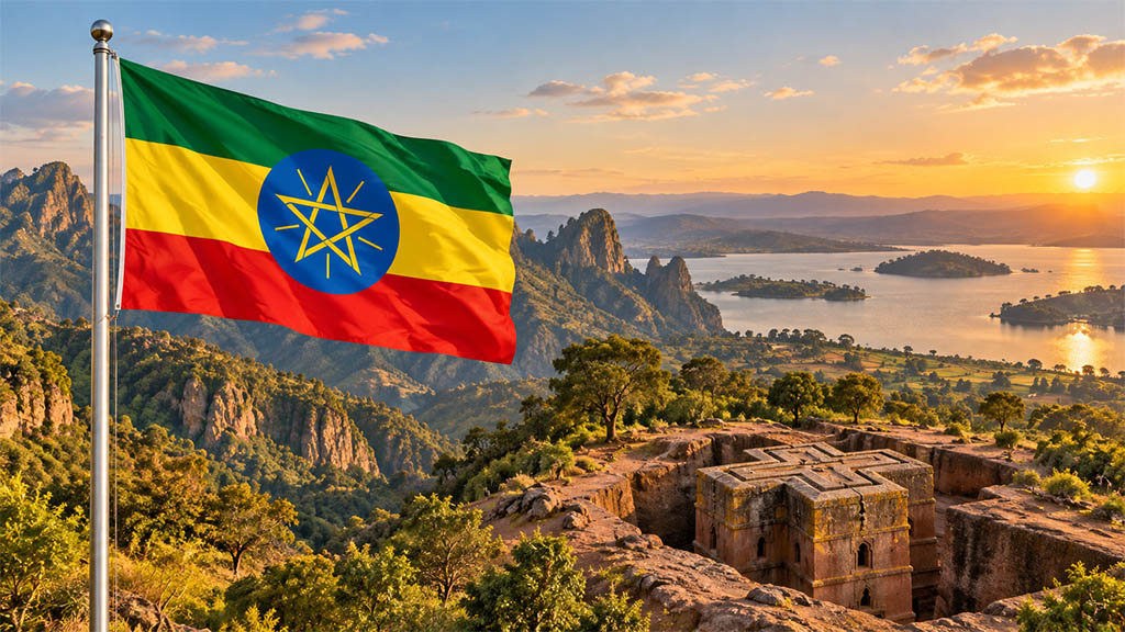 Flagge Äthiopiens im Vordergrund vor dem Simien-Gebirge, den historischen Felsenkirchen von Lalibela und dem Tanasee mit grüner Hochlandlandschaft im warmen Golden-Hour-Licht.