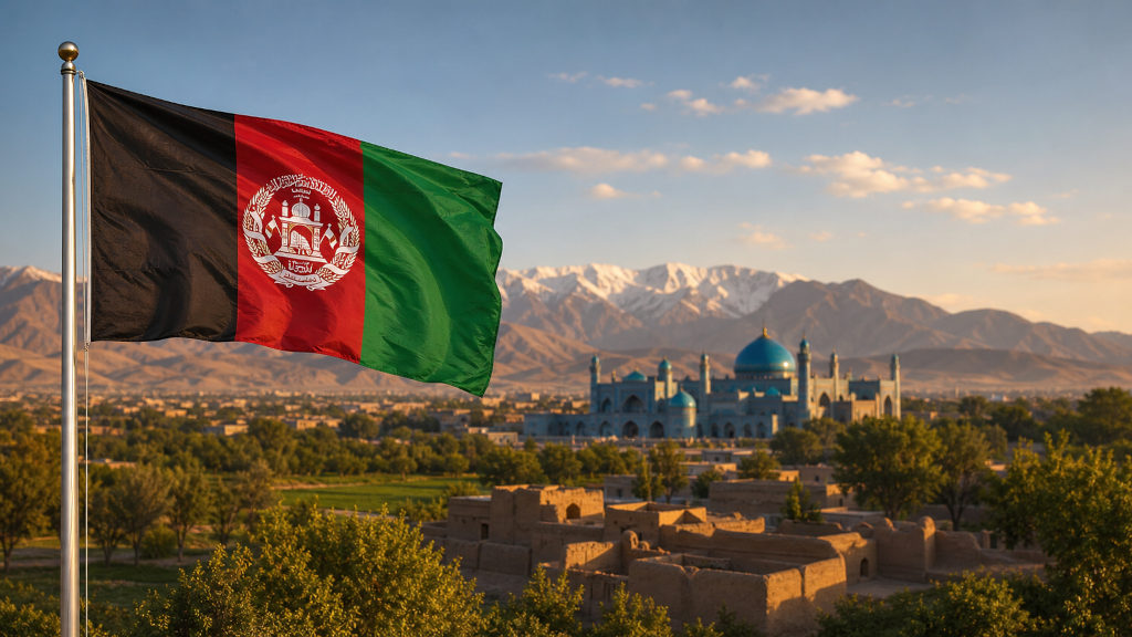 Afghanische Flagge vor dem Hindukusch, der Blauen Moschee von Mazar-e Sharif sowie einer traditionellen Landschaft mit Lehmhäusern, Feldern und Obstgärten in warmer Abendstimmung.