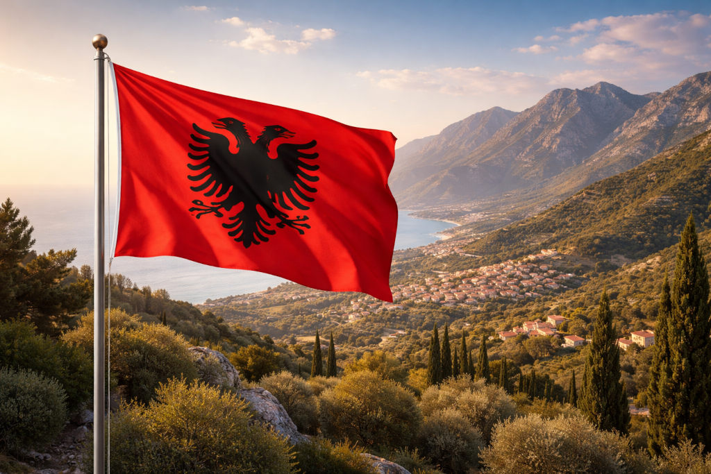 Albaniens Nationalflagge mit schwarzem Doppeladler auf rotem Grund, links am Fahnenmast wehend, vor einer mediterranen Küsten‑ und Berglandschaft Albaniens mit Meer, bewaldeten Hängen und typischen Dörfern im 16:9‑Format