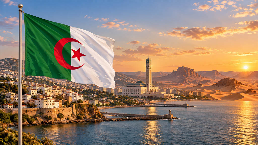 Flagge Algeriens vor der Sahara mit Sanddünen, dem Atlasgebirge und der Mittelmeerküste von Algier in warmer Abendstimmung. Flagge Algeriens vor der Sahara mit Sanddünen, dem Atlasgebirge und der Mittelmeerküste von Algier in warmer Abendstimmung.