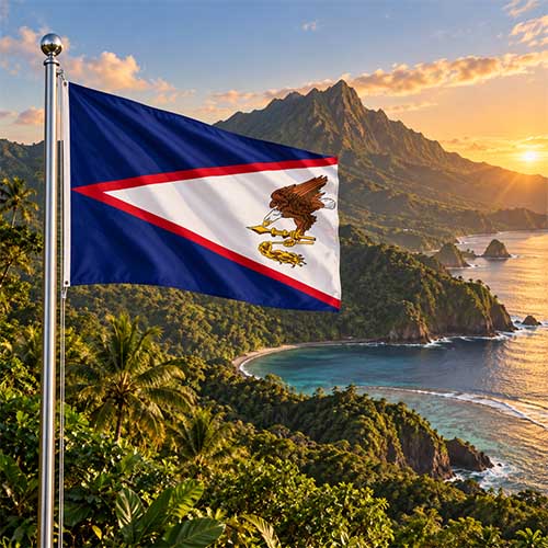Flagge von Amerikanisch-Samoa mit Weißkopfseeadler und samoanischen Symbolen vor dem Mount Alava, tropischem Regenwald und pazifischer Küstenlandschaft im warmen Golden-Hour-Licht.