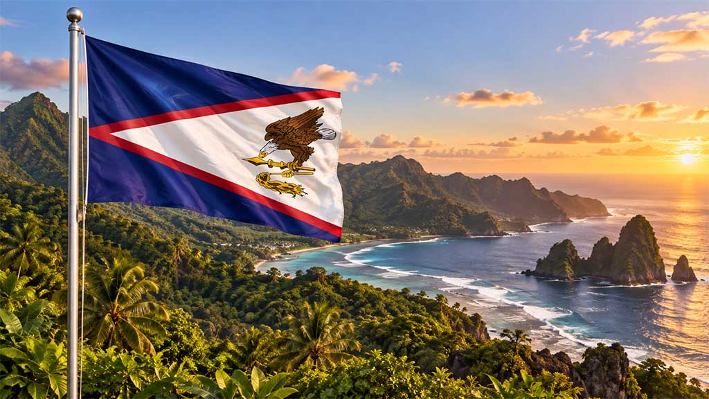 Amerikanisch-Samoa-Flagge im Vordergrund vor tropischem Regenwald am Mount Alava, der Küste von Tutuila und markanten Felsformationen des Nationalparks bei goldenem Abendlicht.