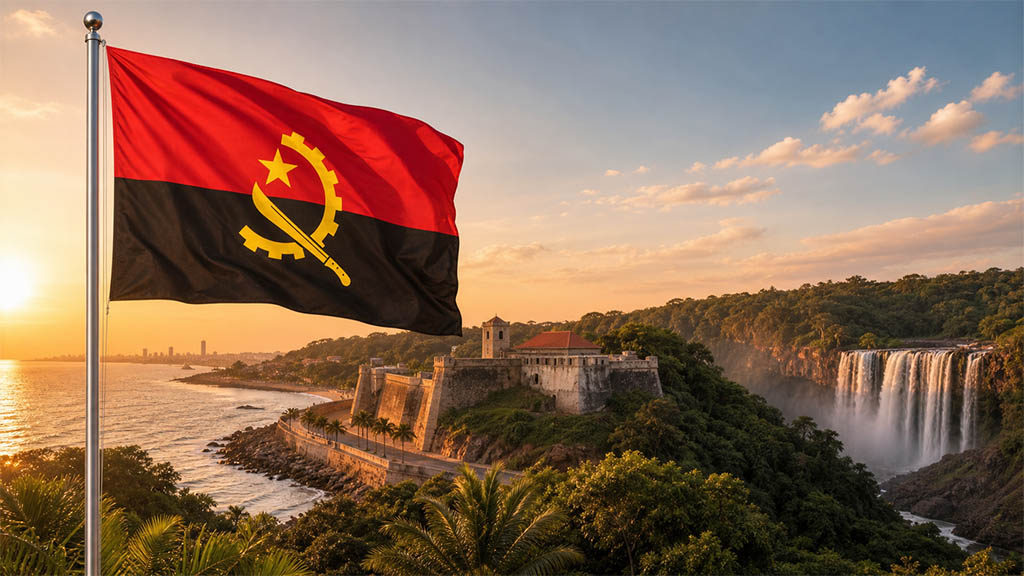 Angolas Nationalflagge mit rotem und schwarzem Hintergrund und gelbem Emblem im Vordergrund vor der Atlantikküste von Luanda, der Fortaleza de São Miguel und den Kalandula-Wasserfällen in einer tropischen Landschaft.