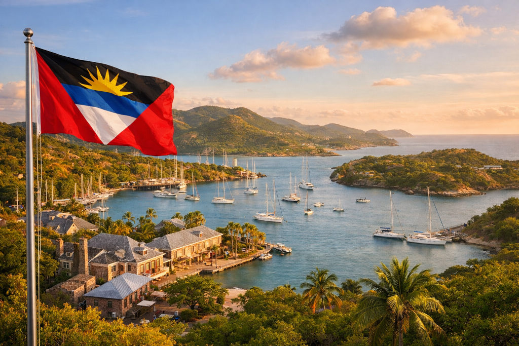 Nationalflagge von Antigua und Barbuda mit rotem Grund, schwarzem Dreieck, blauen und weißen Elementen sowie goldener aufgehender Sonne, links Fahnenmast wehend, vor historischer Küstenlandschaft mit Nelson’s Dockyard, umliegenden Hügeln, Hafenanlagen und tropischer Vegetation unter hellem karibischem Himmel im 16:9‑Format