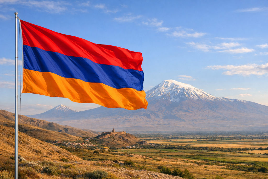Armeniens Nationalflagge mit roten, blauen und orangefarbenen Streifen, links am Fahnenmast wehend, vor weiter Landschaft Armeniens mit dem schneebedeckten Berg Ararat, Hochebene, Feldern und klaren Himmel im 16:9‑Format