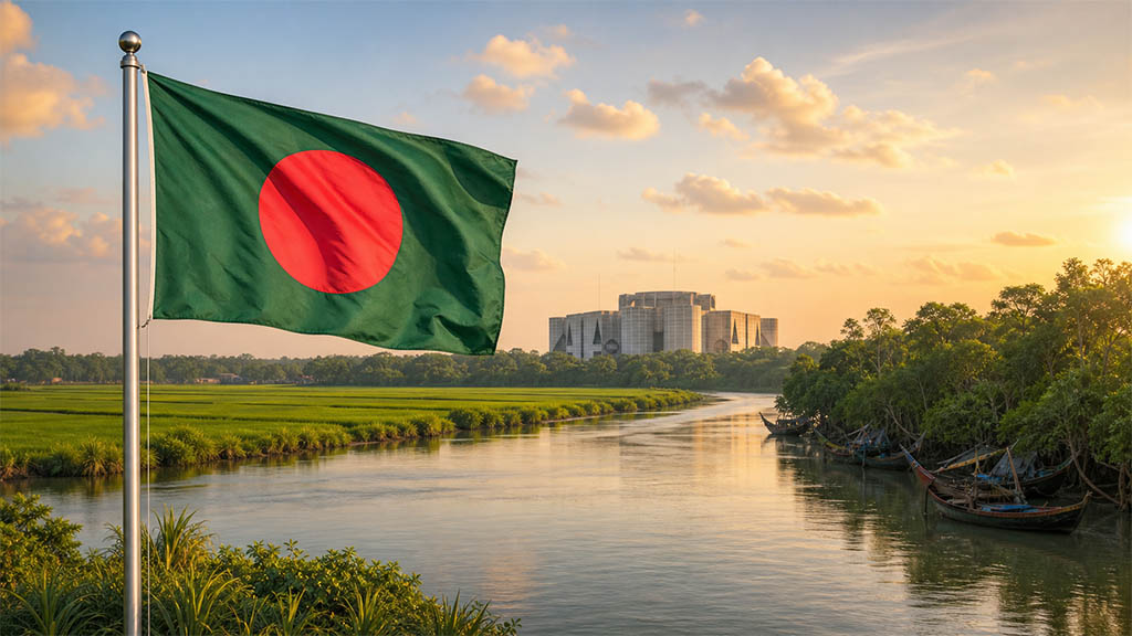 Flagge von Bangladesch vor Reisfeldern, dem Nationalparlament Jatiya Sangsad Bhaban in Dhaka und den Sundarbans mit traditionellen Fischerbooten in warmer Abendstimmung.