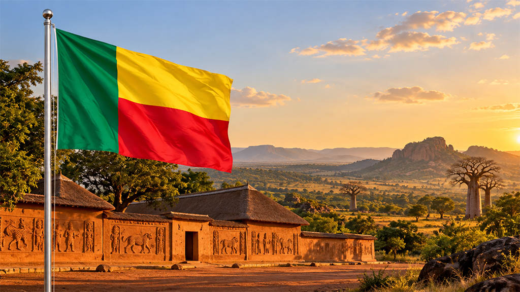 Benin-Flagge vor einer tropischen Landschaft, den Königspalästen von Abomey und der Savanne des Pendjari-Nationalparks bei goldenem Abendlicht.