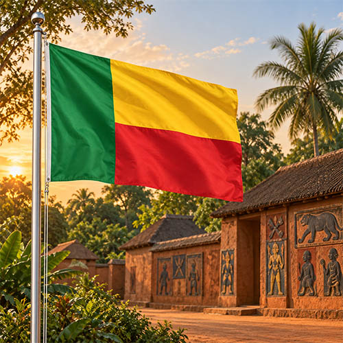 Burundi-Flagge am silbernen Fahnenmast vor dem Tanganjikasee, grünen Uferlandschaften und Bergen im warmen goldenen Abendlicht.