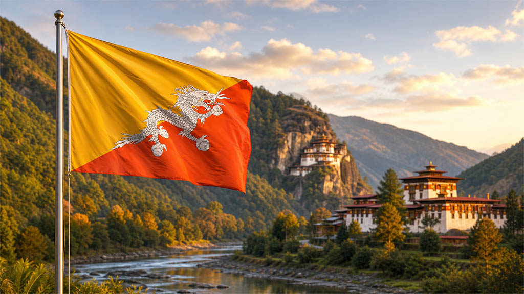 Flagge Bhutans vor bewaldeten Himalaya-Hängen, dem Kloster Paro Taktsang und traditioneller Dzong-Architektur in einem Flusstal bei warmer Abendstimmung.