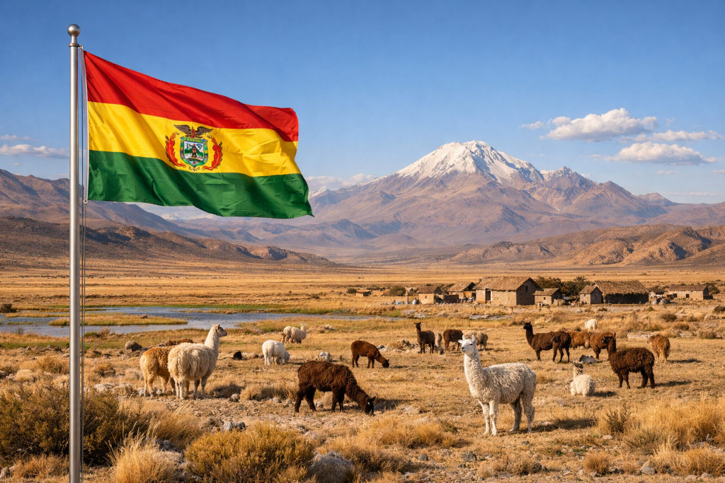 Nationalflagge von Bolivien mit rot‑gelb‑grünen Streifen, links am Fahnenmast wehend, vor weiter andiner Hochlandlandschaft mit Bergen, Hochebene, Lamas und Alpakas, unter klarem Himmel im 16:9‑Format