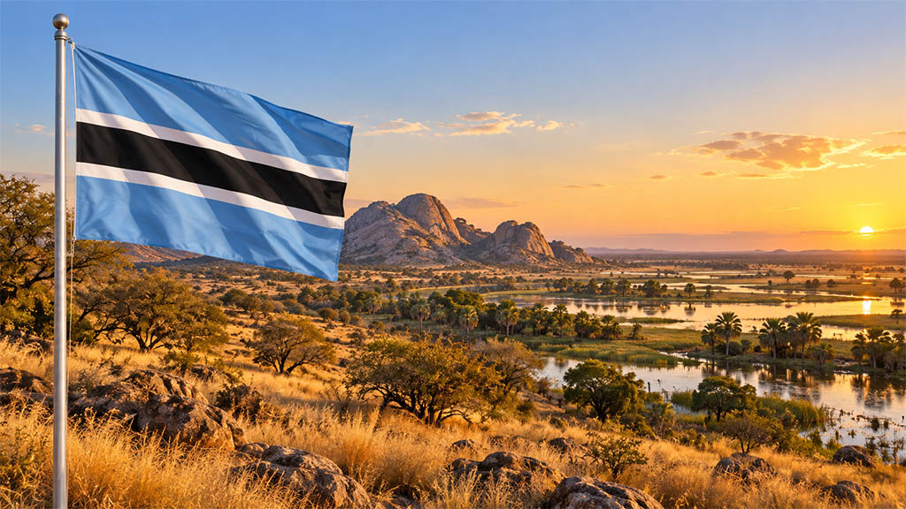 Flagge Botswanas vor dem Okavango-Delta und den weiten Savannen der Kalahari in warmer Abendstimmung.