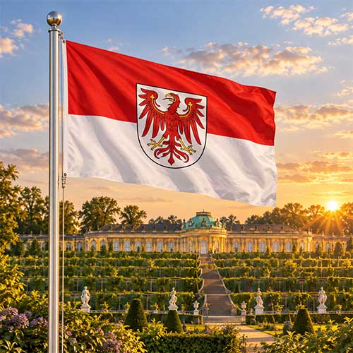 Brandenburg Flagge - Bedeutung, Farben, Symbolik & Herkunft Brandenburg-Flagge am silbernen Fahnenmast vor Schloss Sanssouci in Potsdam mit historischen Parkanlagen im warmen goldenen Abendlicht.
