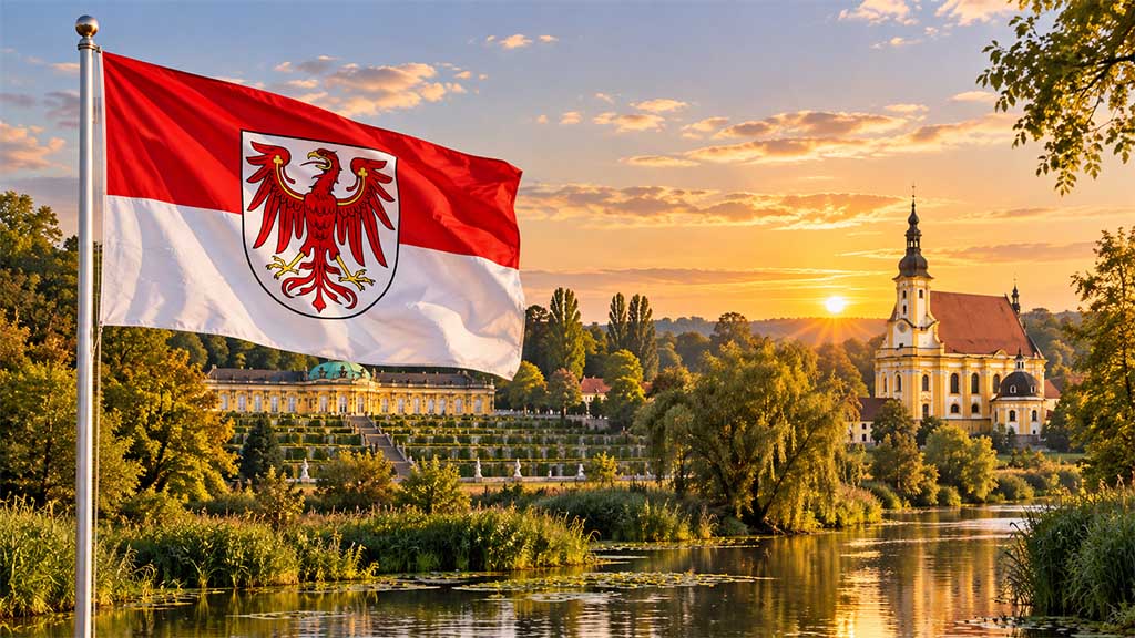 Brandenburg-Flagge am silbernen Fahnenmast vor Schloss Sanssouci, Kloster Neuzelle und der idyllischen Spreewaldlandschaft mit Wasserläufen im goldenen Abendlicht. Brandenburg-Flagge am silbernen Fahnenmast vor Schloss Sanssouci, Kloster Neuzelle und der idyllischen Spreewaldlandschaft mit Wasserläufen im goldenen Abendlicht.