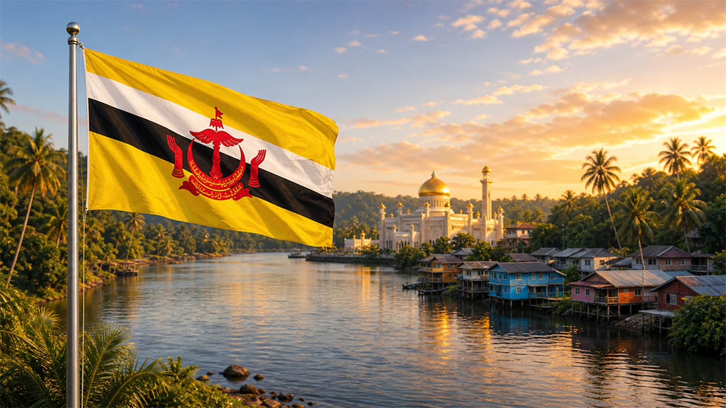Flagge von Brunei vor der Sultan-Omar-Ali-Saifuddien-Moschee, einer tropischen Uferlandschaft und dem Stelzendorf Kampong Ayer in warmer Abendstimmung. Flagge von Brunei vor der Sultan-Omar-Ali-Saifuddien-Moschee, einer tropischen Uferlandschaft und dem Stelzendorf Kampong Ayer in warmer Abendstimmung.