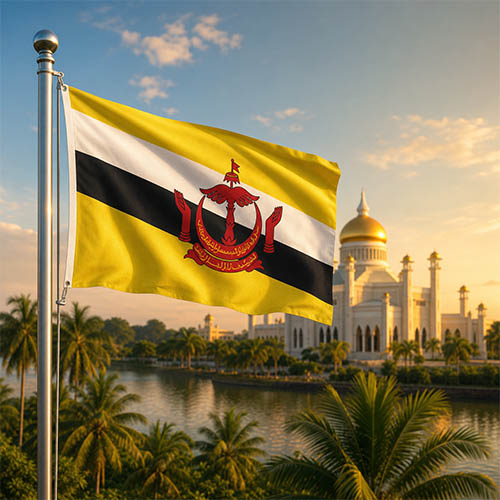 Brunei Flagge - Bedeutung, Farben, Symbolik & Herkunft Flagge von Brunei vor der Sultan-Omar-Ali-Saifuddien-Moschee mit goldener Kuppel, Wasserflächen und tropischer Vegetation in warmer Abendstimmung.