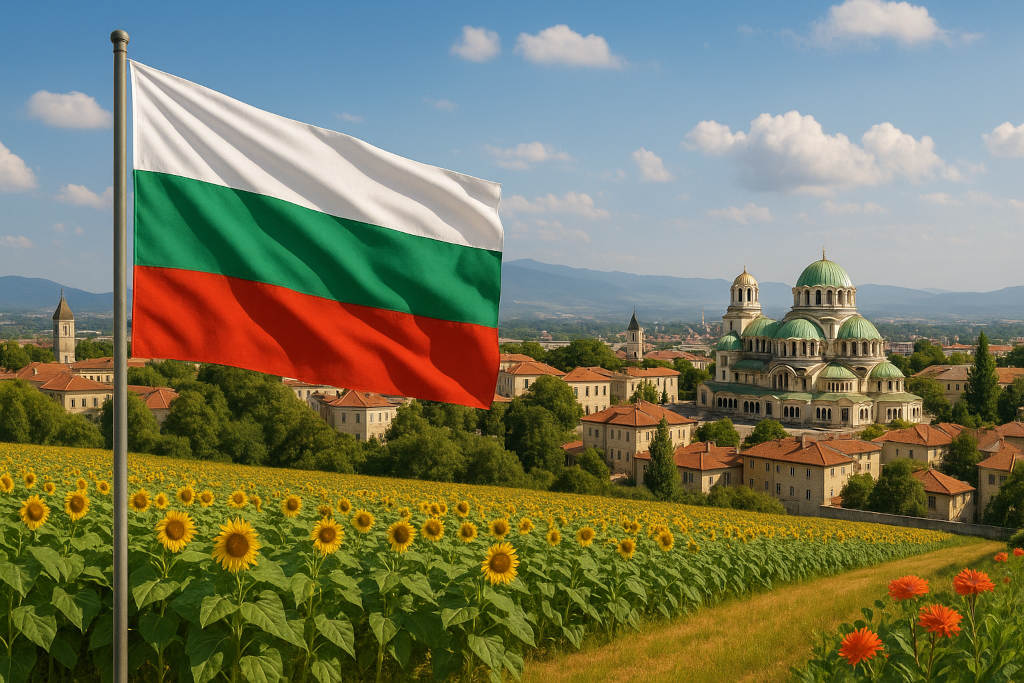 Bulgarische Flagge am vollständig sichtbaren Mast vor einem weitläufigen Sonnenblumenfeld, dahinter die skyline von Sofia mit der Alexander-Newski-Kathedrale, roten Ziegeldächern und grünen Hügeln unter einem klaren, sonnigen Himmel.