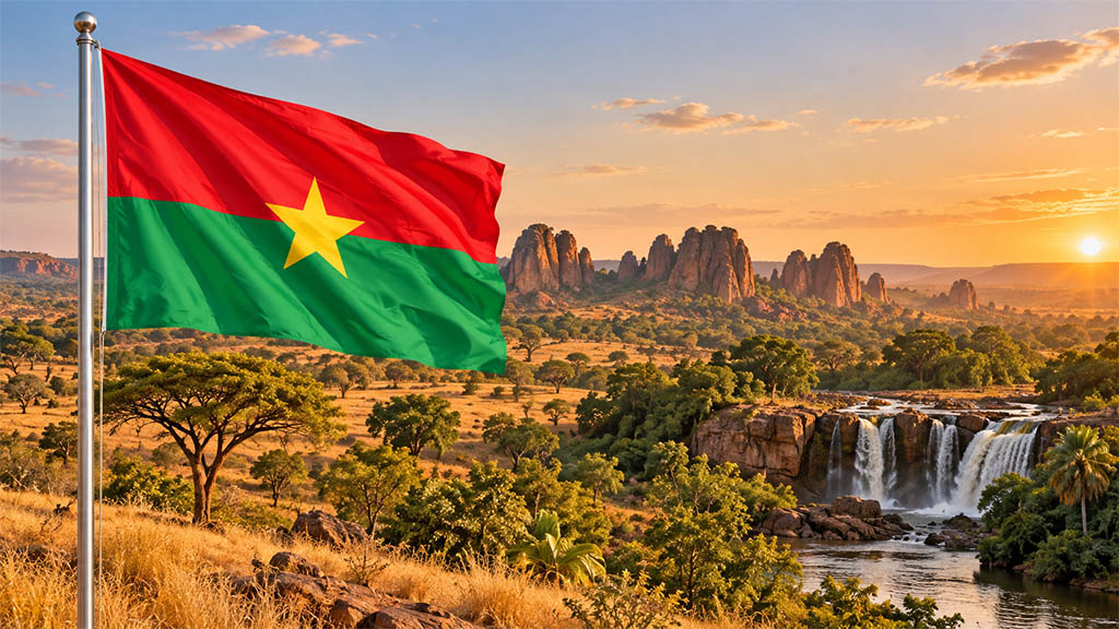 Burkina-Faso-Flagge vor westafrikanischer Savanne, den markanten Sindou Peaks und den grünen Landschaften rund um die Banfora-Wasserfälle bei goldenem Abendlicht.