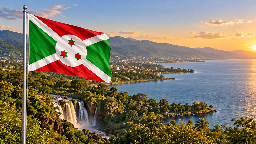 Burundi Flagge vor den Bergen von Bujumbra,dem Tanganjikasee und den grünen Karera-Wasserfällen bei warmem goldenem Abendlicht.