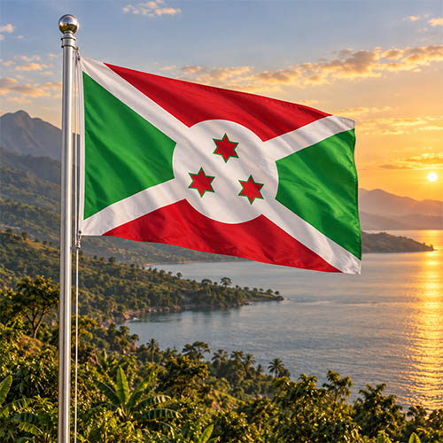 Burundi-Flagge am silbernen Fahnenmast vor dem Tanganjikasee, grünen Uferlandschaften und Bergen im warmen goldenen Abendlicht.