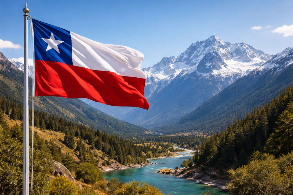 Nationalflagge von Chile links am Fahnenmast wehend, vor beeindruckender Andenlandschaft mit schneebedeckten Bergen, dicht bewaldeten Hängen und einem türkisfarbenen Fluss im Tal unter klarem blauem Himmel im 16:9‑Format