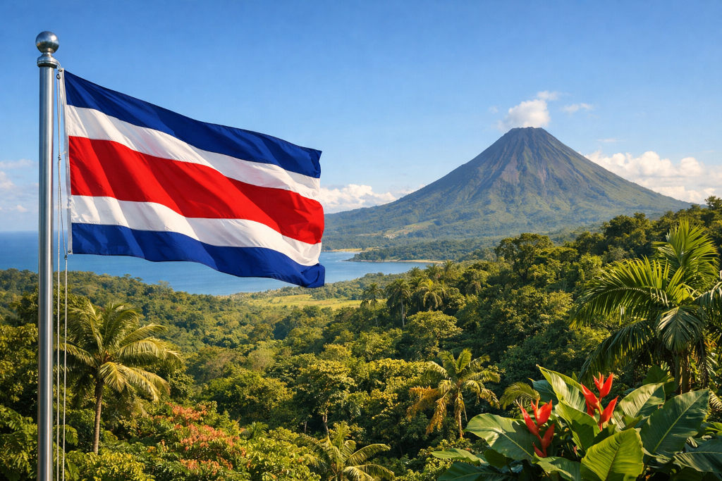 Nationalflagge von Costa Rica mit blau‑weiß‑roten Streifen, links am Fahnenmast wehend, vor üppiger tropischer Landschaft mit dichtem Regenwald, Palmen, einem markanten Vulkan, See und grünen Hügeln unter klarem blauem Himmel im 16:9‑Format