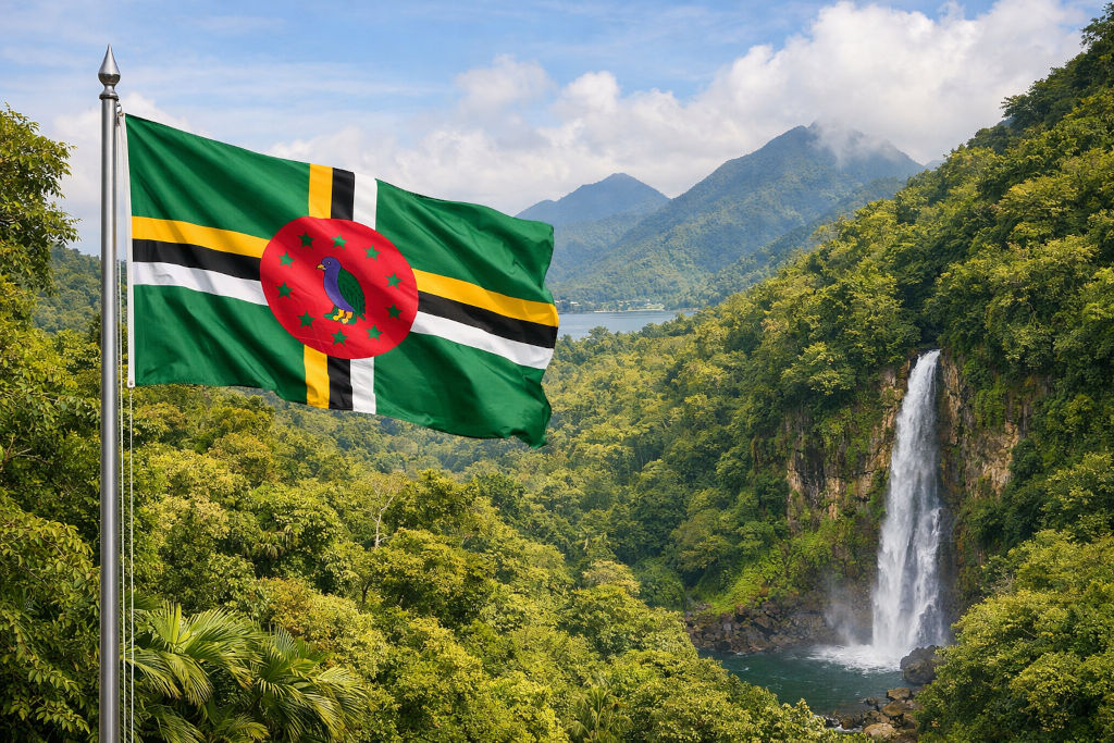 Nationalflagge von Dominica mit grünem Grund, gelb‑schwarz‑weißem Kreuz und rotem Emblem mit Papagei, links am Fahnenmast wehend, vor üppiger tropischer Regenwaldlandschaft mit Bergen, dichter Vegetation und einem hohen Wasserfall in Dominica unter leicht bewölktem Himmel im 16:9‑Format