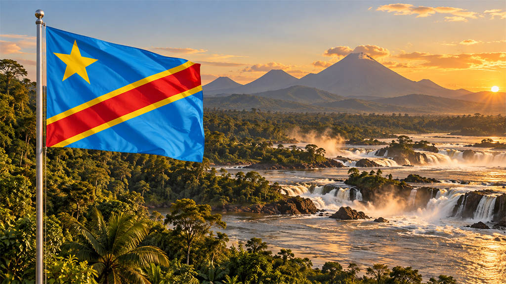 Flagge der Demokratischen Republik Kongo am silbernen Fahnenmast vor tropischem Regenwald, den Virunga-Vulkanen und den beeindruckenden Boyoma-Fällen im warmen Abendlicht.