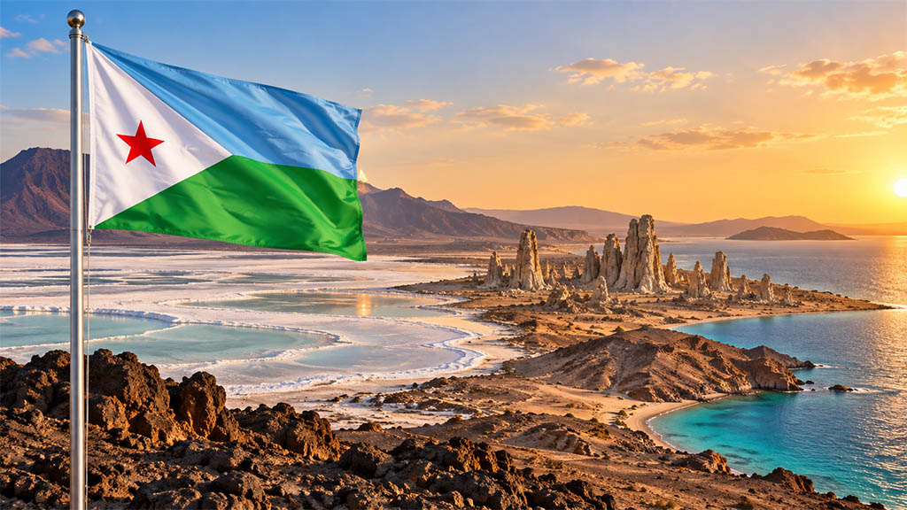 Dschibuti-Flagge am silbernen Fahnenmast vor den spektakulären Landschaften des Assalsees, Lac Abbé und Golfs von Tadjoura bei warmem Golden-Hour-Licht.
