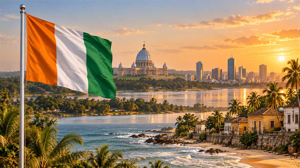 Elfenbeinküste mit orange-weißer-grüner Nationalflagge am silbernen Fahnenmast im Vordergrund, Basilika Notre-Dame de la Paix in Yamoussoukro, Skyline von Abidjan und tropische Atlantikküste von Grand-Bassam im warmen Golden-Hour-Licht. Elfenbeinküste mit orange-weißer-grüner Nationalflagge am silbernen Fahnenmast im Vordergrund, Basilika Notre-Dame de la Paix in Yamoussoukro, Skyline von Abidjan und tropische Atlantikküste von Grand-Bassam im warmen Golden-Hour-Licht.