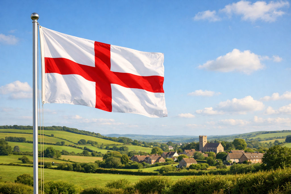 Flagge von England mit rotem Georgskreuz auf weißem Grund, links am Fahnenmast wehend, vor typisch englischer Hügellandschaft mit grünen Feldern, einem Dorf mit Kirche und Steinhäusern unter blauem Himmel mit Wolken im 16:9‑Format