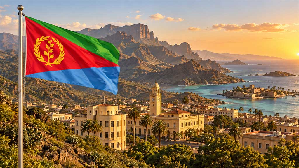 Eritrea-Nationalflagge in Grün, Rot und Blau mit goldenem Olivenkranz am silbernen Fahnenmast vor der Hochlandlandschaft, historischer Architektur von Asmara und der Küste des Roten Meeres bei Massawa im warmen Abendlicht.