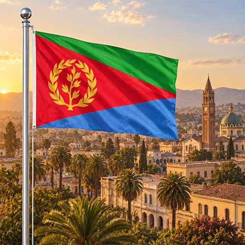 Nationalflagge Eritreas mit grünem, rotem und blauem Dreieck sowie goldenem Olivenkranz am silbernen Fahnenmast vor der historischen Architektur von Asmara im warmen Golden-Hour-Licht.