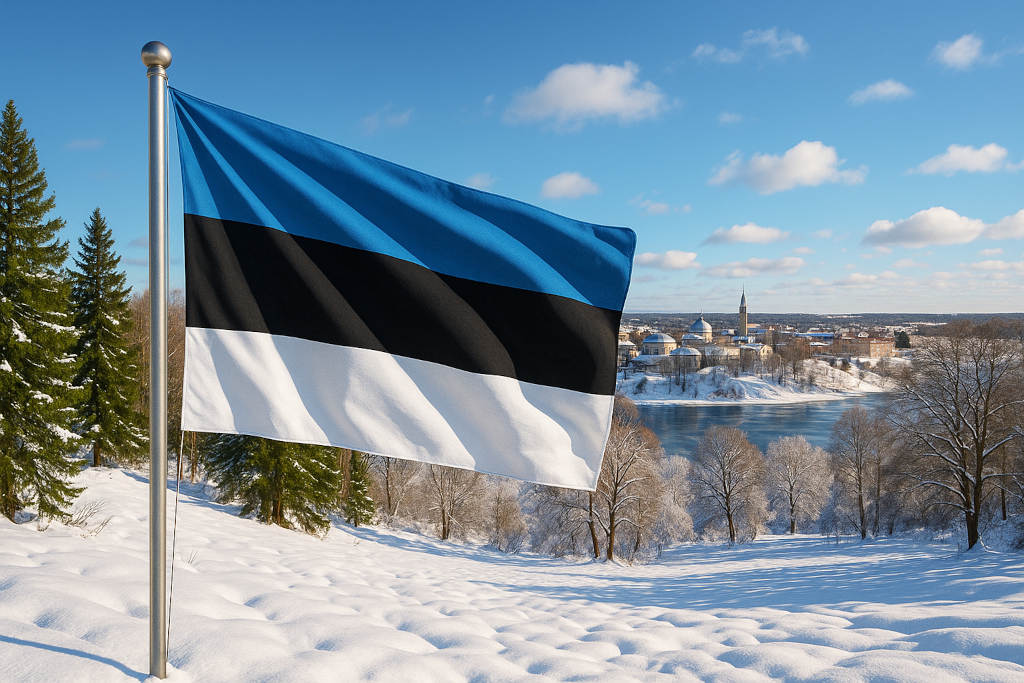 Estnische Flagge am vollständig sichtbaren Mast vor einer harmonischen Landschaft mit der mittelalterlichen Skyline von Tallinn, grünen Wäldern, winterlichen Schneeflächen und einem klaren blauen Himmel im Hintergrund.