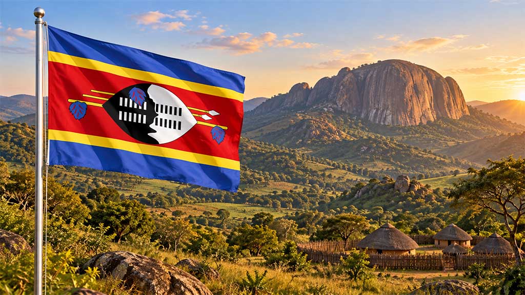 Nationalflagge von Eswatini mit Nguni-Schild, Speeren und traditionellen Waffen am silbernen Fahnenmast vor Sibebe Rock, dem grünen Ezulwini Valley und typischer Landschaft Eswatinis im warmen Golden-Hour-Licht. Nationalflagge von Eswatini mit Nguni-Schild, Speeren und traditionellen Waffen am silbernen Fahnenmast vor Sibebe Rock, dem grünen Ezulwini Valley und typischer Landschaft Eswatinis im warmen Golden-Hour-Licht.