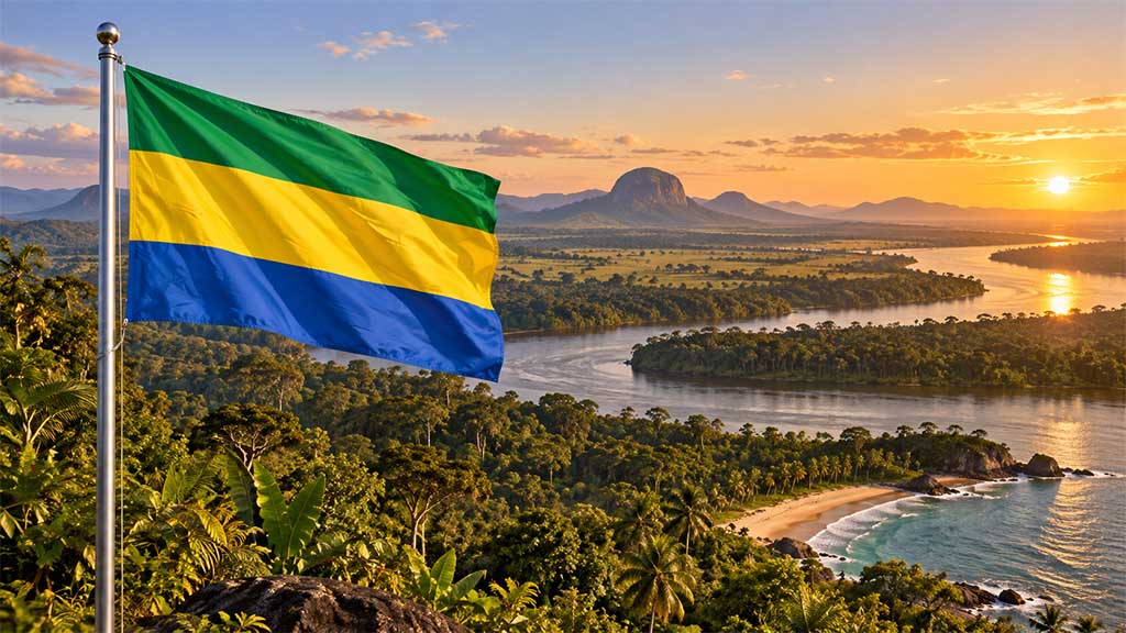 Gabunische Nationalflagge am silbernen Fahnenmast vor der tropischen Landschaft Gabuns mit Regenwald, Savanne und dem Ogooué-Fluss im warmen Licht der goldenen Stunde.