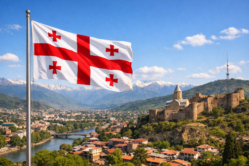 Georgiens Nationalflagge mit rotem Georgskreuz und vier kleineren Kreuzen auf weißem Grund, links am Fahnenmast wehend, vor der Stadt‑ und Flusslandschaft von Tiflis mit historischer Festung, Kirche, Bergen im Hintergrund und blauem Himmel im 16:9‑Format