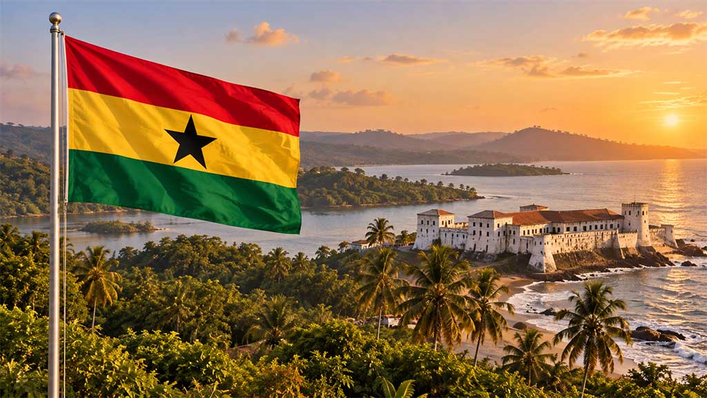 Die Nationalflagge von Ghana mit rotem, goldenem und grünem Streifen und schwarzem Stern weht vor blauem Himmel.