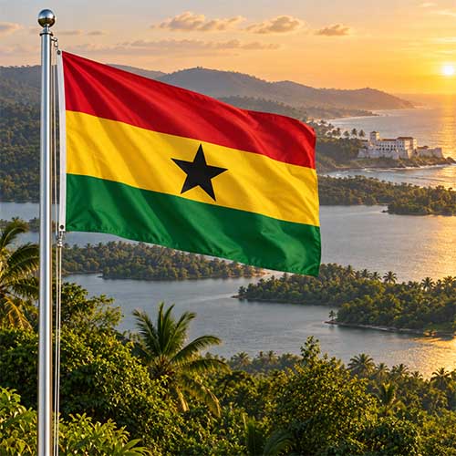 Flagge von Ghana mit drei waagerechten Streifen in Rot, Gold und Grün und schwarzem fünfzackigem Stern in der Mitte.