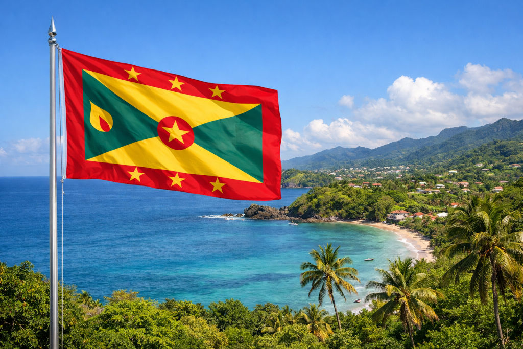 Nationalflagge von Grenada, links am Fahnenmast wehend, vor karibischer Küstenlandschaft mit türkisfarbenem Meer, Sandstrand, Palmen, grünen Hügeln und einer Wohnsiedlung unter blauem Himmel im 16:9‑Format