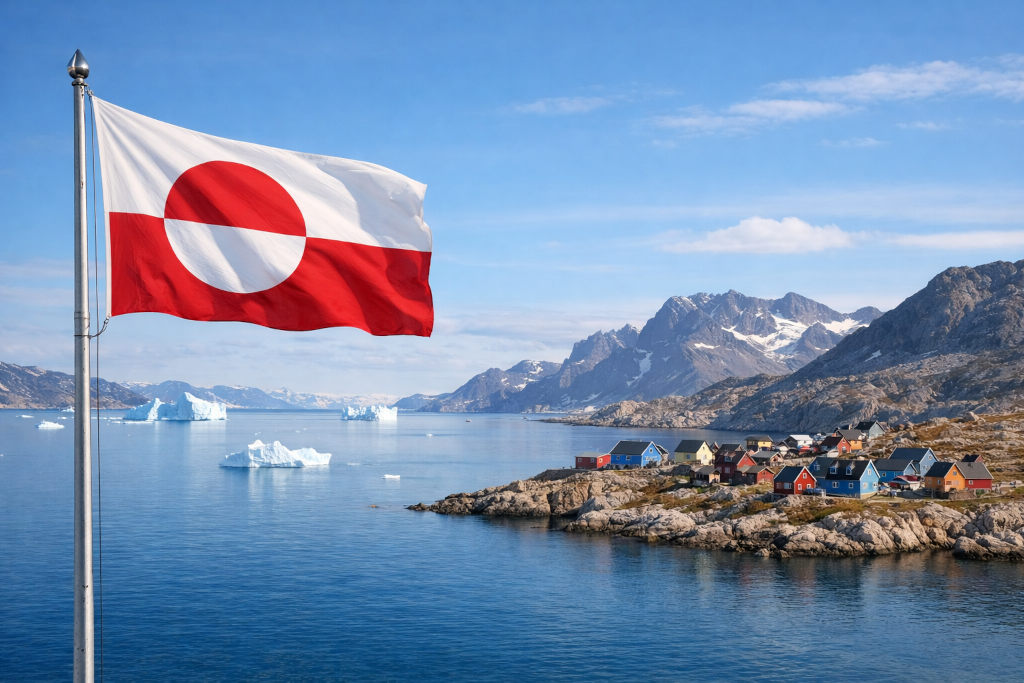 Nationalflagge von Grönland links am Fahnenmast wehend, vor weiter arktischer Küstenlandschaft mit fjordreicher Küste, Meer, Bergen und einer typischen grönländischen Wohnsiedlung mit farbigen Häusern in größerer Entfernung unter klarem Himmel.