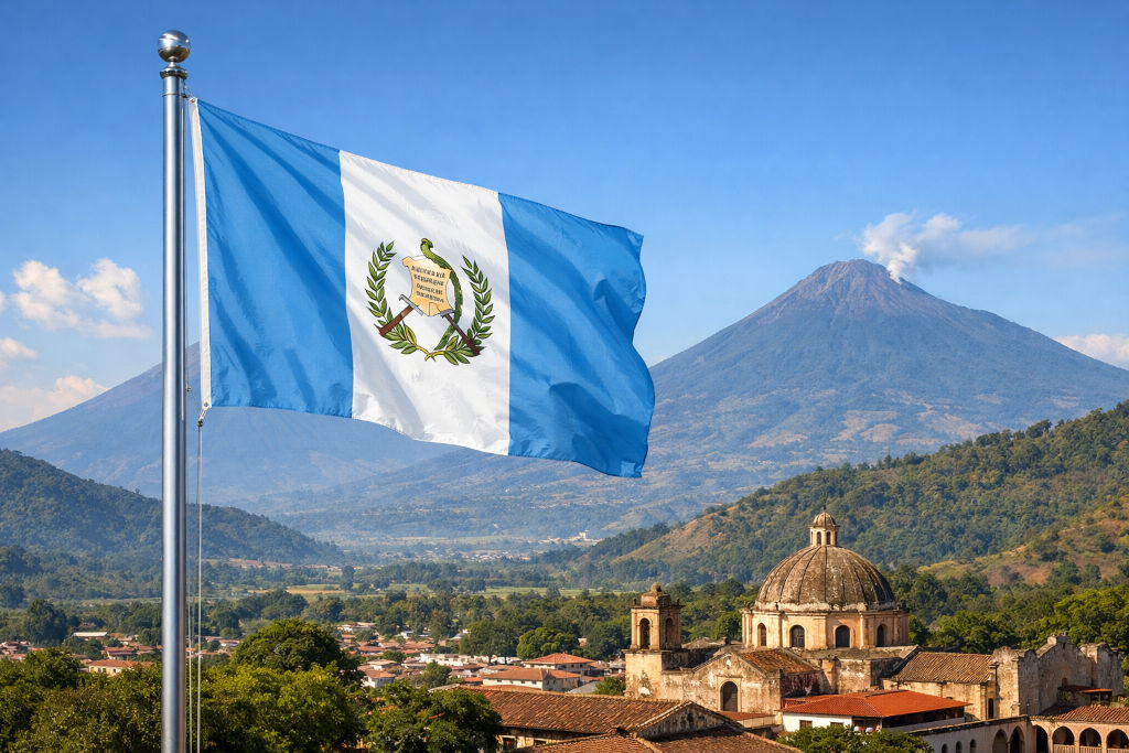 Nationalflagge von Guatemala, links am Fahnenmast wehend, vor weiter Landschaft mit kolonialer Altstadt, Kuppelkirche und Häusern im Vordergrund sowie einem markanten Vulkan und grünen Hügeln im Hintergrund unter klarem blauem Himmel im 16:9‑Format