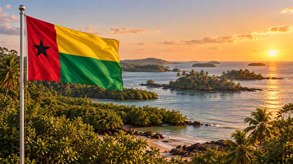 Nationalflagge von Guinea-Bissau am silbernen Fahnenmast vor dem tropischen Bijagós-Archipel mit Mangroven, Palmen und Atlantikküste im warmen Golden-Hour-Licht. Nationalflagge von Guinea-Bissau am silbernen Fahnenmast vor dem tropischen Bijagós-Archipel mit Mangroven, Palmen und Atlantikküste im warmen Golden-Hour-Licht.