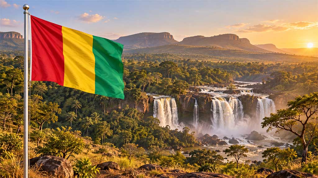 Nationalflagge von Guinea am silbernen Fahnenmast vor den Kinkon-Wasserfällen, tropischem Regenwald und den Bergen des Fouta-Djallon-Hochlands im warmen Golden-Hour-Licht. Nationalflagge von Guinea am silbernen Fahnenmast vor den Kinkon-Wasserfällen, tropischem Regenwald und den Bergen des Fouta-Djallon-Hochlands im warmen Golden-Hour-Licht.