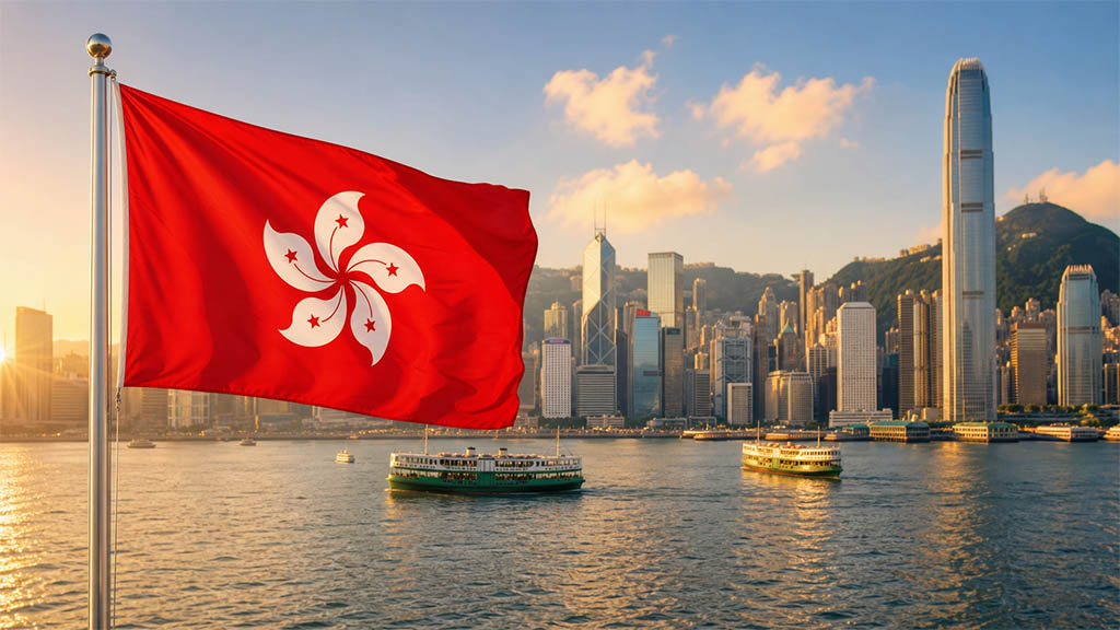 Flagge Hongkongs vor dem Victoria Harbour mit Star Ferries, der Skyline von Central mit dem Bank of China Tower und International Finance Centre sowie dem Victoria Peak in warmer Abendstimmung. Flagge Hongkongs vor dem Victoria Harbour mit Star Ferries, der Skyline von Central mit dem Bank of China Tower und International Finance Centre sowie dem Victoria Peak in warmer Abendstimmung.