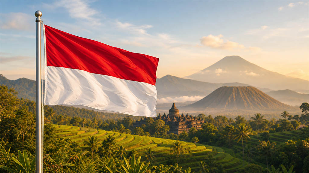 Flagge Indonesiens vor Reisterrassen, dem Tempel Borobudur und der Vulkanlandschaft des Mount Bromo in warmer Abendstimmung. Flagge Indonesiens vor Reisterrassen, dem Tempel Borobudur und der Vulkanlandschaft des Mount Bromo in warmer Abendstimmung.