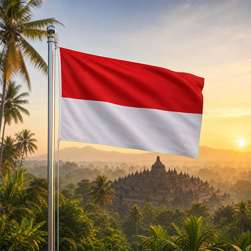 Indonesien Flagge - Bedeutung, Farben, Symbolik & Herkunft Flagge Indonesiens vor dem Tempel Borobudur, umgeben von Palmen und tropischer Vegetation bei Sonnenaufgang mit goldenem Morgenlicht.